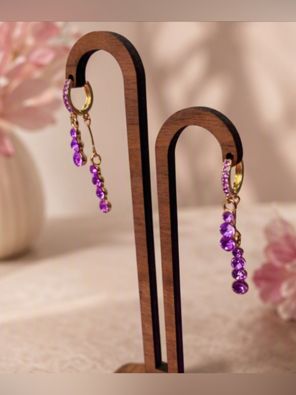 🎀 Gold Hoop Double Drop Earrings with Purple Crystal Dangles 🎀 NWT
